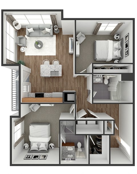 Floor plan for 2 beds, 2 baths, 986 sqft